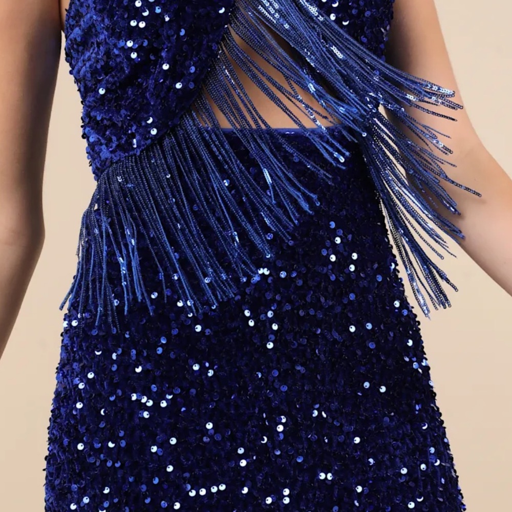 Lulus Royal Blue Elevated Dazzle Velvet Sequin Fringe Halter Mini Dress NWT L - Picture 3 of 16